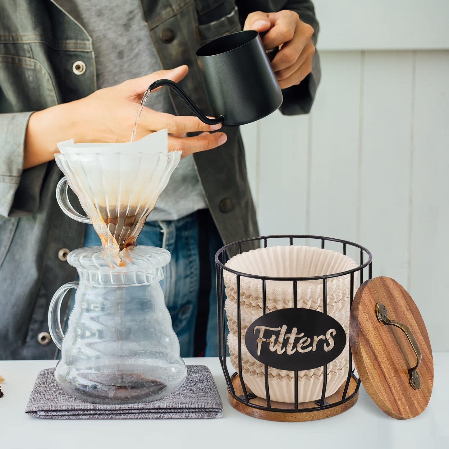 Rustic Coffee Filter Holder with Lid - Acacia Coffee Filter Holder