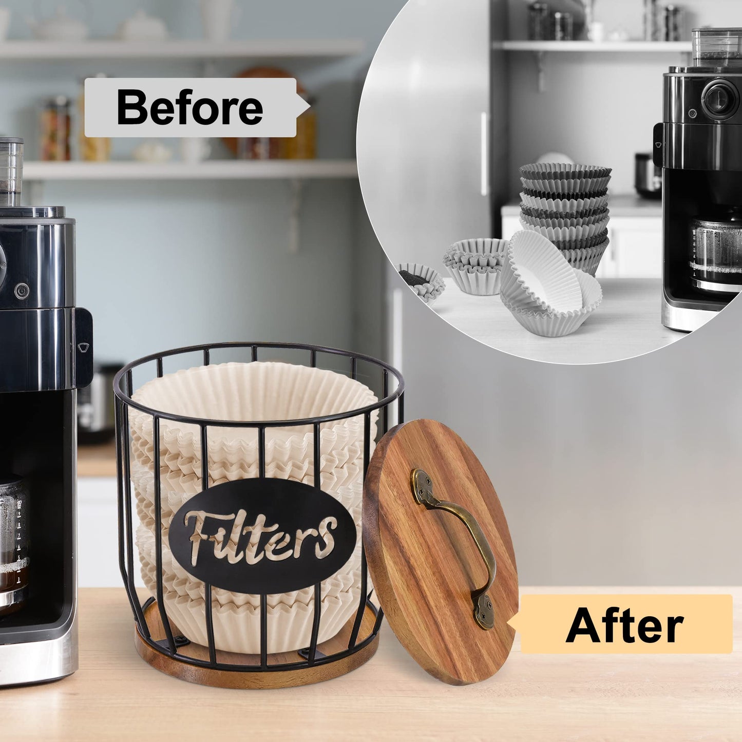 Rustic Coffee Filter Holder with Lid - Acacia Coffee Filter Holder