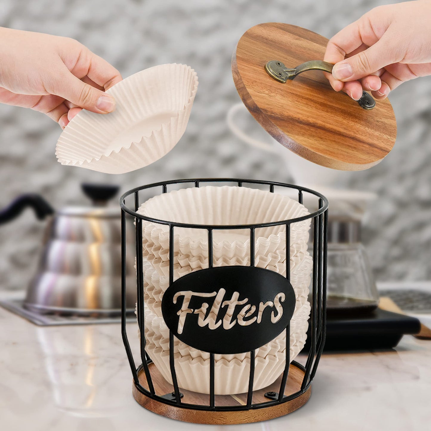 Rustic Coffee Filter Holder with Lid - Acacia Coffee Filter Holder