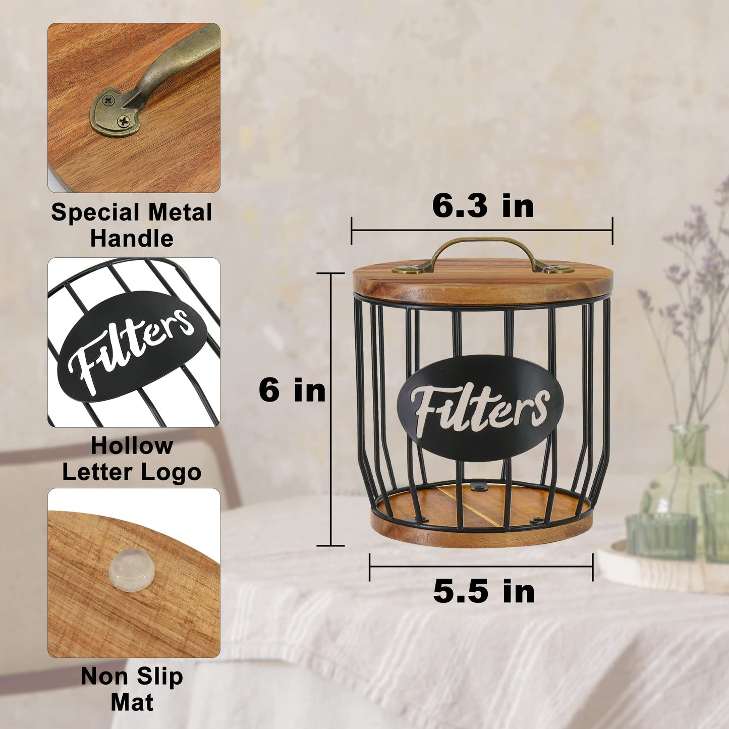 Rustic Coffee Filter Holder with Lid - Acacia Coffee Filter Holder