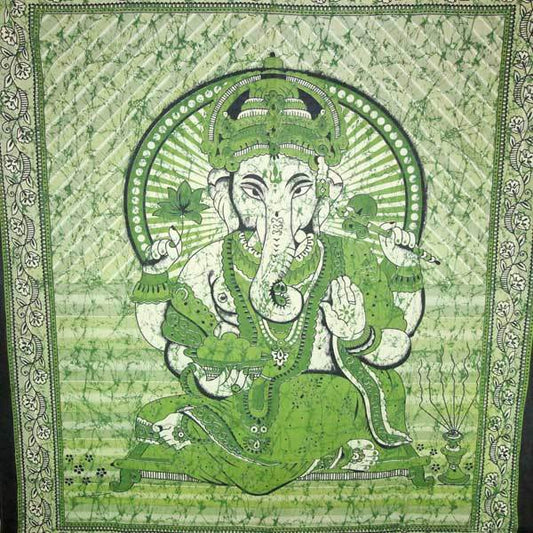 Green Ganesha Holding Lotus Flower In Batik Style