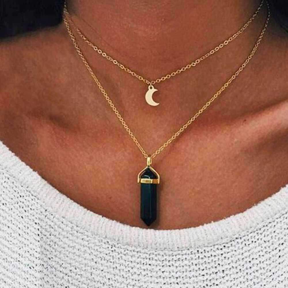 Two Layered Obelisk and Moon Necklace for Ladies