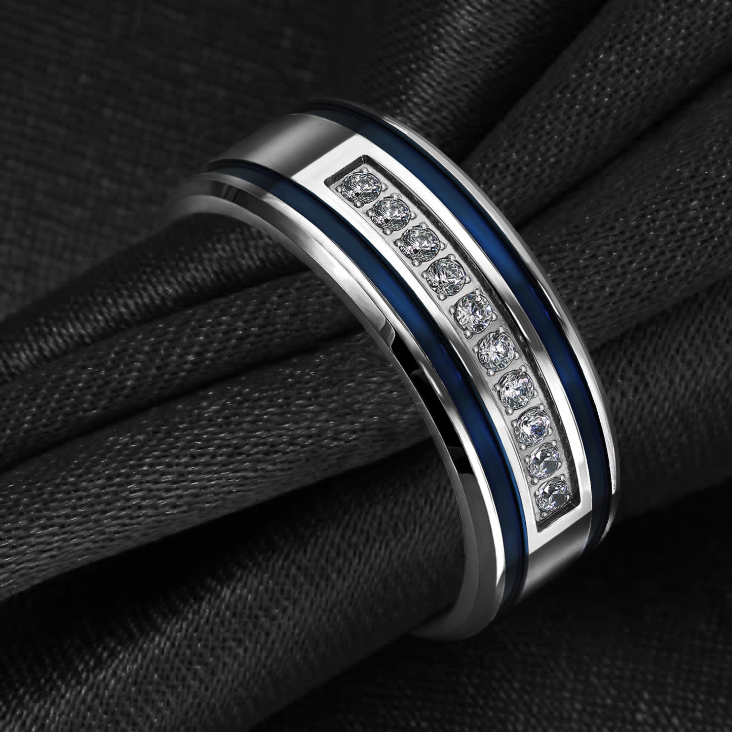 Blue Striped Stainless Steel Ring for Men