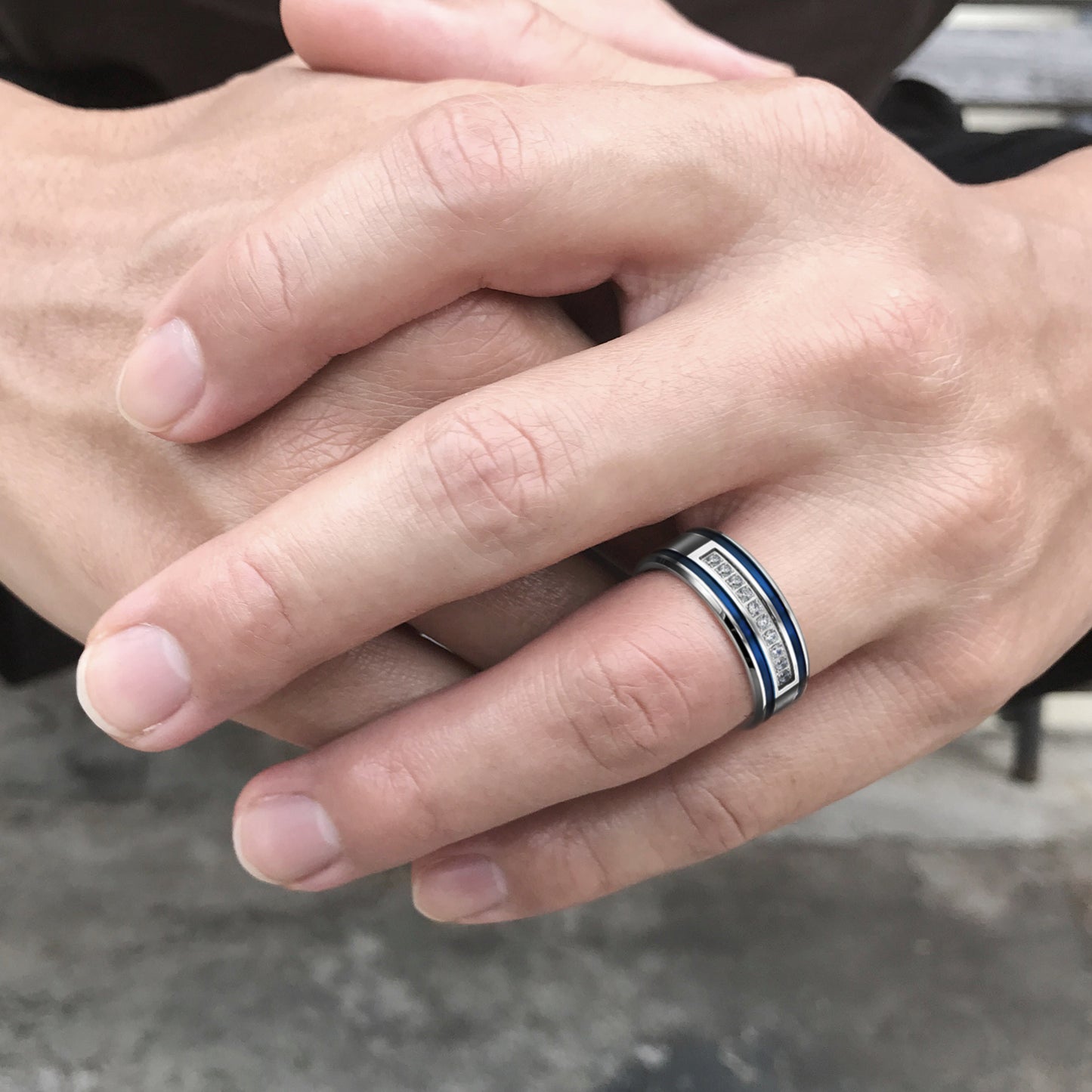 Blue Striped Stainless Steel Ring for Men