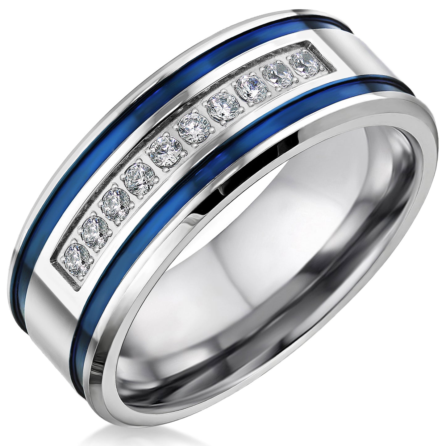 Blue Striped Stainless Steel Ring for Men