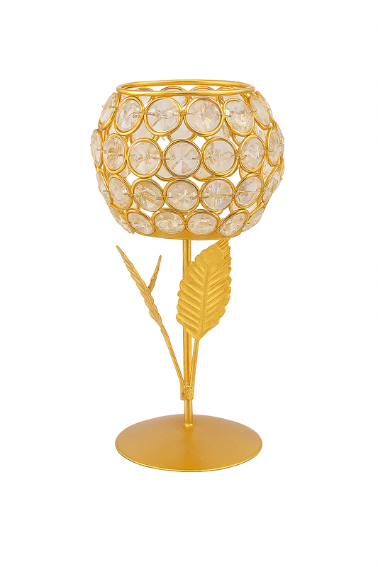 Golden Candle Holder with Crystal Detailing and Floral Accents