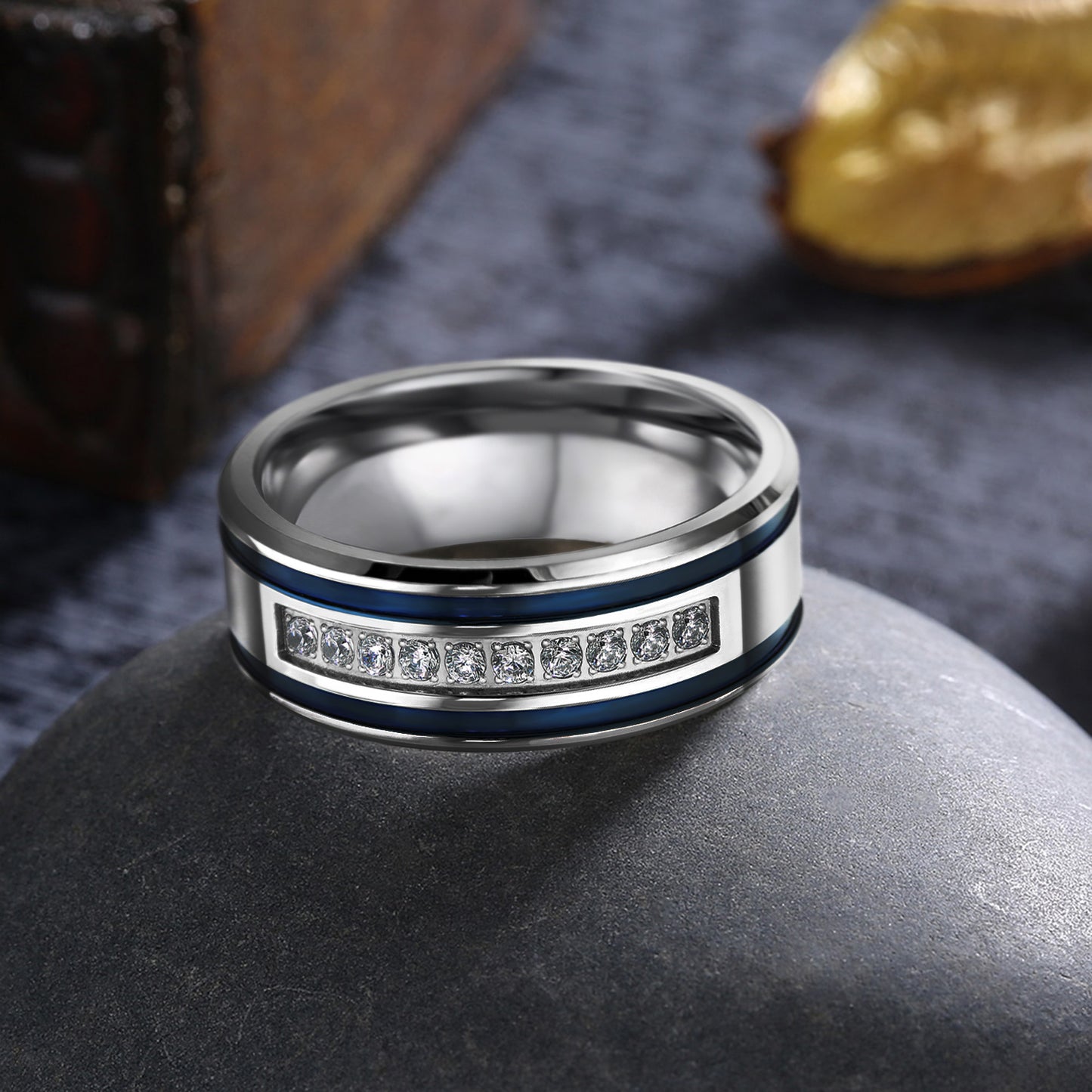 Blue Striped Stainless Steel Ring for Men