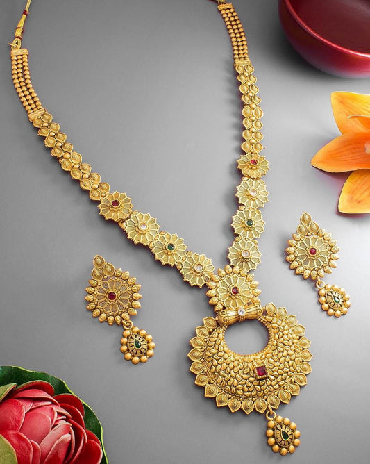 Golden Indian Style Necklace with Red and Green Crystals for Ladies