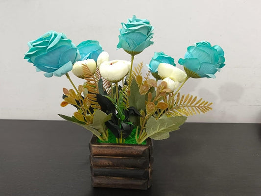 Artificial Rose Flowers Bouquet with Wooden Pot