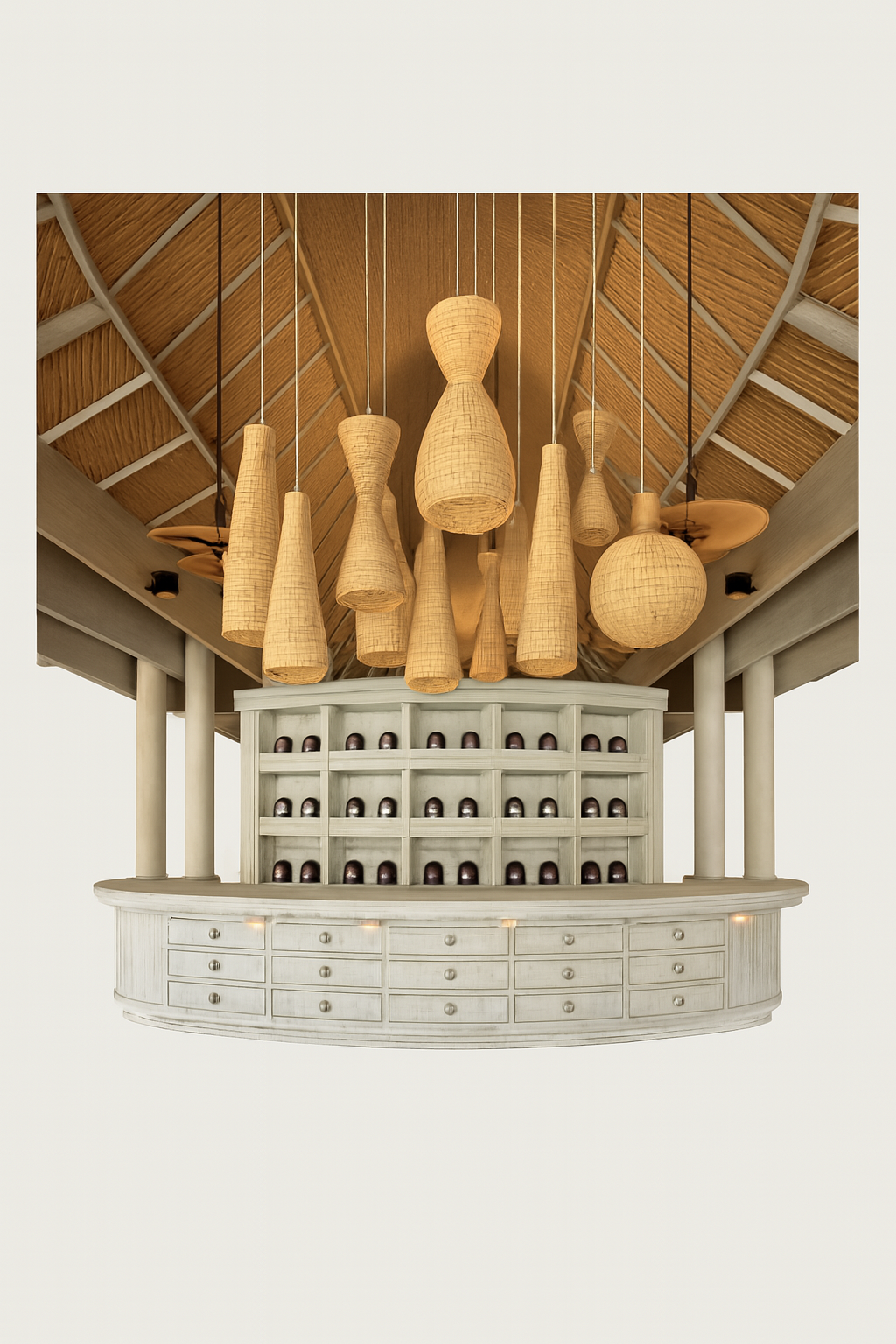 Rustic Bar Pendant Light Cluster – Handcrafted Woven Lampshades in